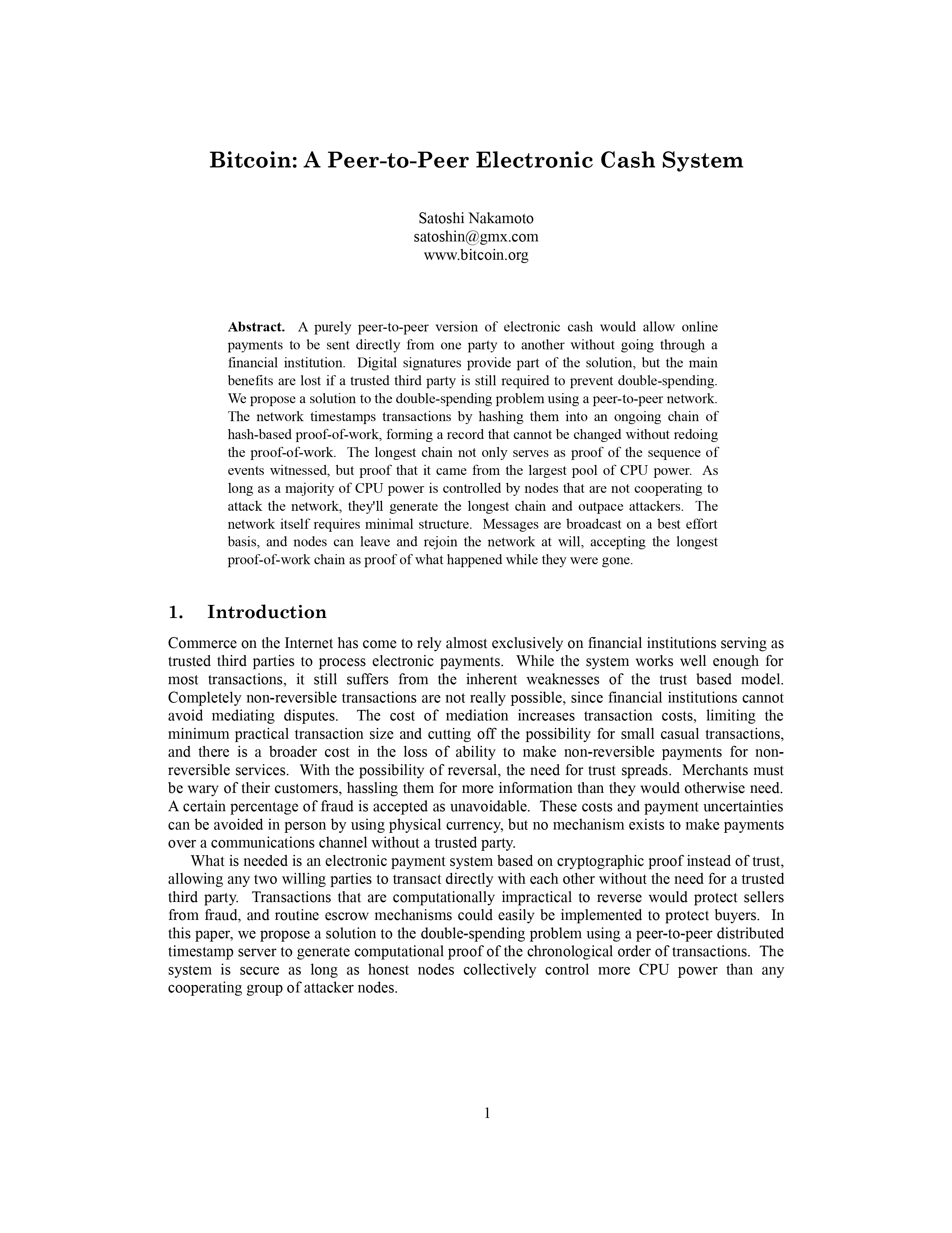Bitcoin Whitepaper Page 1